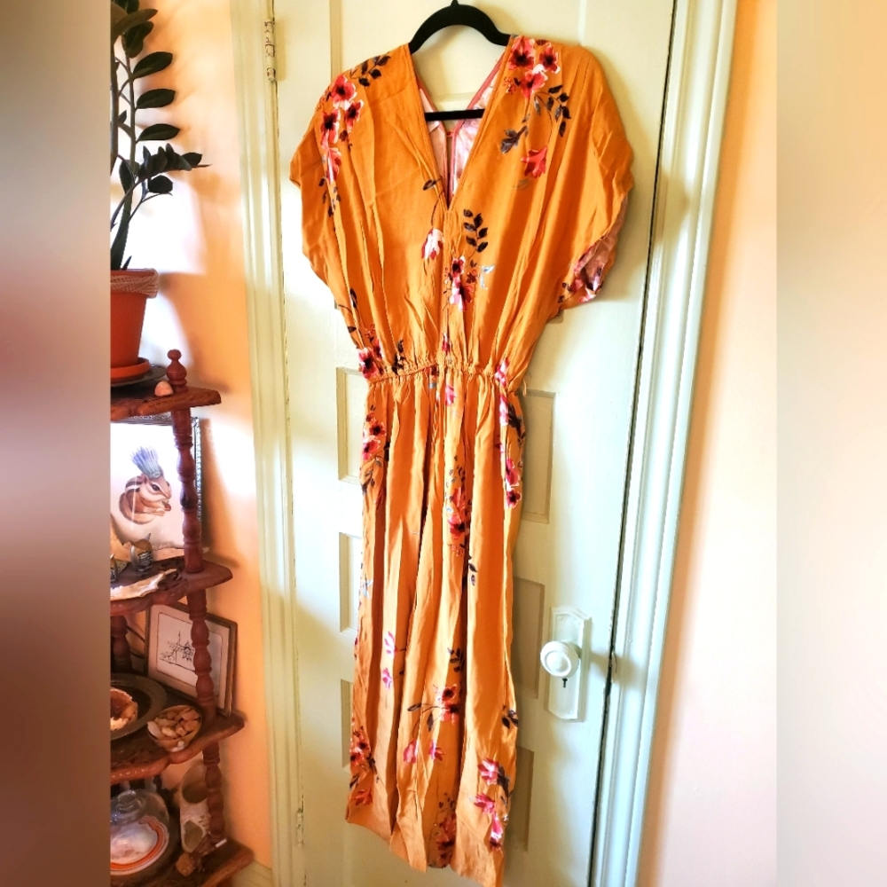 Anthro Jumpsuit Floral Mustard Ochre Yellow Corey Lynn Calter